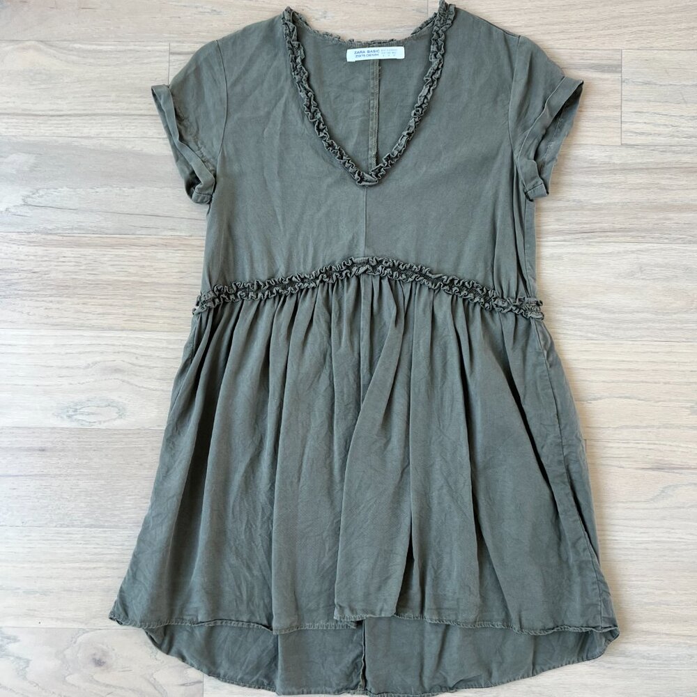 Zara Army Green V-Neck Boho Flowy Dress